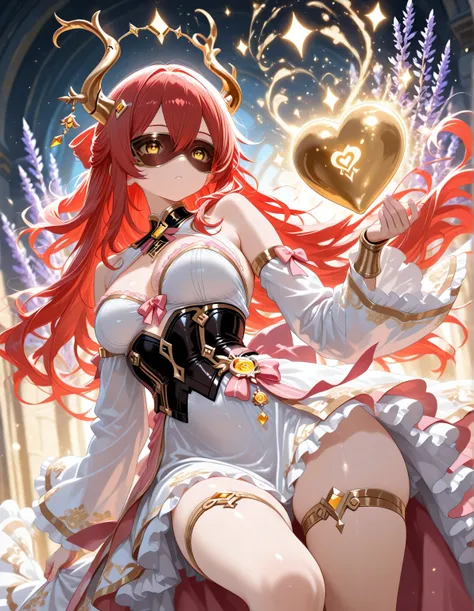 1 girl , golden eyes , very long hair , long sidelocks, red hair ,half updo, petite , very cute , beautiful ,Straight hair, cool, handsome, hair between eyes, sexy, female, medium large breasts, very cute, curvy,  flowing  hair, adorned with golden hair ornaments and small antler-like horns, wearing an elegant, fantasy-inspired dress in shades of soft pink, lavender, white, and gold. The dress features wide, flowing sleeves decorated with golden trims and floral details near the wrists. Her bodice is heart-shaped with a shiny golden outline and a large pink bow at the collar. The skirt has multiple layers, including a frilly white petticoat and ornate golden patterns. alternative clothes, background with strawberries, dynamic pose, genshin impact, splash art, Genshin style