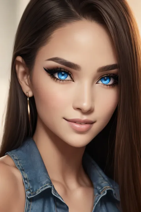 (best quality, masterpiece), ((1 Woman)), beautiful Woman, perfecteyes eyes, (blue eyes), ((Brown hair, [long] hair)), Medium Breasts, realistic, narrow waist, charming, Black makeup, Smoky eye shadow, Dark Eyeliner. long eyelashes, (Tanned Skin), (detaile...