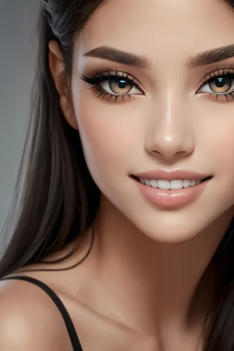 (best quality, masterpiece), ((1 Woman)), beautiful Woman, perfecteyes eyes, (Clear eyes), ((Dark hair, [long] hair)), Medium Breasts, realistic, narrow waist, charming, Black makeup, Smoky eye shadow, Dark Eyeliner. long eyelashes, (Tanned Skin), (detaile...