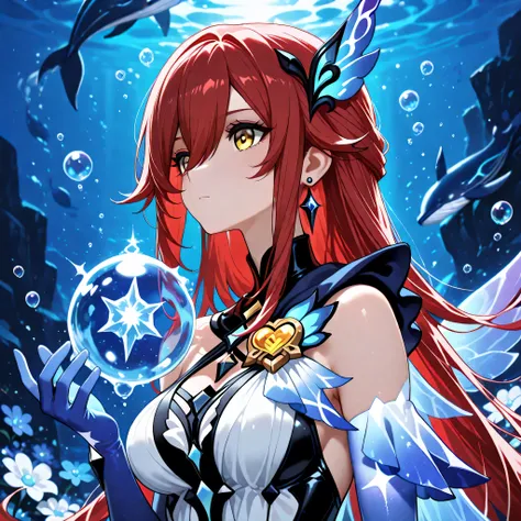 1 girl , golden eyes , very long hair , long sidelocks, red hair ,half updo, petite , very cute , beautiful ,Straight hair, cool, handsome, hair between eyes, sexy, mediumlarge breasts, skirk\(genshin impact\cosplay), bare_shoulders, black_shorts, blue_glo...