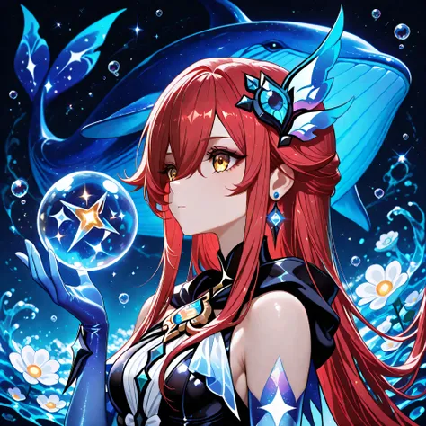1 girl , golden eyes , very long hair , long sidelocks, red hair ,half updo, petite , very cute , beautiful ,Straight hair, cool, handsome, hair between eyes, sexy, mediumlarge breasts, skirk\(genshin impact\cosplay), bare_shoulders, black_shorts, blue_glo...