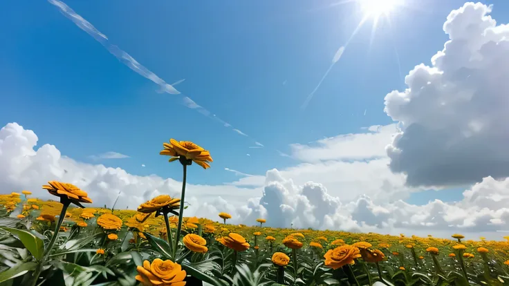lukisan bunga marigold, di rerumputan, detail, full frame, flower only, no human or character, vast blue sky