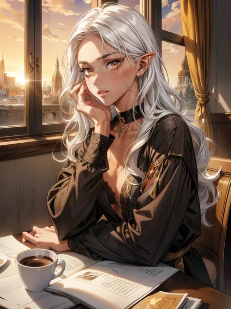 Elf_girl, ((wavy white hair color)),((dark brown skin)),((brown tanned skin)), (((golden eyes))), freckles, best quality, Ultra-precise depiction, Ultra-detailed depiction, official art,highres, (extremely beautiful face),(high detailed face),beautiful detailed eyes, detailed lashes,(shiny skin), makeup,((full body view)), ((toned slim body)),(blushing face erotic), ((Slim body)), looking at the viewer, ((black half-unbuttoned up)), choker, smoky shimmering makeup)),,((brown tanned skin)),((coffe cup)),coffee shop, (nice hands), (perfect hands)