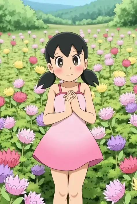 Minamoto Shizuka、pink dress、Flower Field、 with hands folded in front of chest、Her cheeks are blushing and smiling