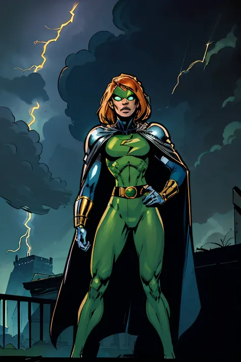 Doctor Doom, iconic supervillain, standing confidently on a castle balcony, wearing a metallic green cloak with golden clasps, futuristic silver armor, glowing eyes behind his metal mask, dramatic cape flowing in the wind, dark stormy sky in the background...