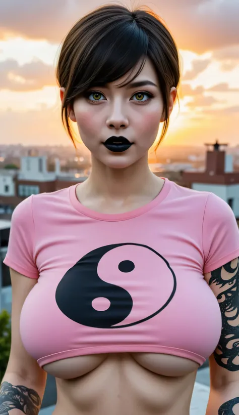 ((realism, photorealistic, life-like photograph)), 19year female, muscular and athletic, ((worn pink t-shirt with a yinyan symbol painted on, underboob, green eyes, short glossblack hair, abdominal muscles, ((she has a black dragon on her arm, she's wearin...