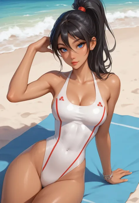 , glamorous, voluptuous, beach, looking at the viewer, seductive, sexy swimsuit, slim waist, small waist,  black hair, hair between eyes, blue eyes, ponytail, (tan skin), athletic bod, DOAXVENUSANIMAGINEXL, (), curvy, slim, skinny, breasts, tiny waist, Asi...