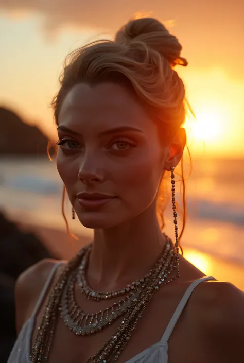 high quality, 8K Ultra HD, sunset coast should serve as the underlying backdrop, with its details incorporated into the goddess , crisp lines, looking at the camera. The background is monochrome, sharp focus,,awesome full color,