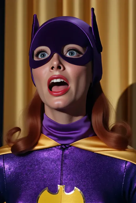 Ultrarealistic, 4K, high resolution. Luxurious details. NSFW. Masterpiece, Award Winning, High Quality, Hot sexy woman as Batgirl, smoking hot Batgirl, , 60s Batgirl, close-up, is wearing her usual attire posing for a portrait photography mugshot taken by...