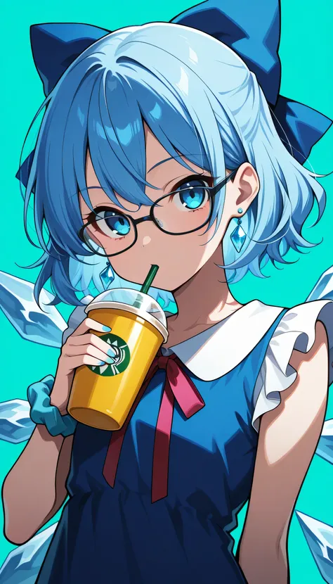 Give your images flat even illumination (negative) or dramatic chiaroscuro lighting (positive), 1girl, , solo, , jewelry, , , cup, earrings, holding, simple_background, looking_at_viewer, , , wrist_scrunchie, aqua_background, disposable_cup, blue_backgroun...