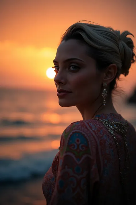 high quality, 8K Ultra HD, sunset coast should serve as the underlying backdrop, with its details incorporated into the goddess , crisp lines, looking at the camera. The background is monochrome, sharp focus,,awesome full color,