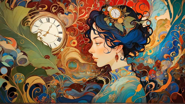 a close up of a painting of a woman with a watch on her head, James Jean e Victo Ngai, victo ngai and tristan eaton, Botticelli and Victo Ngai, inspired , greg tocchini, james jean e wlop, Alphonse Mucha e Craig Mullins, James Jean e Peter Mohrbacher, A ca...