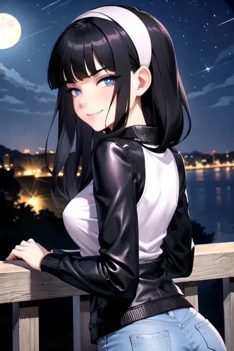 (masterpiece), best quality, detailed,Super high quality,perfect anatomy,beautiful light and shadow, ,Beautiful white skin ,black hair, perfect face, perfect eyes, blue eyes, slim body,young ager ,1girl,Trixie tang, turning back her face and smiling softly...