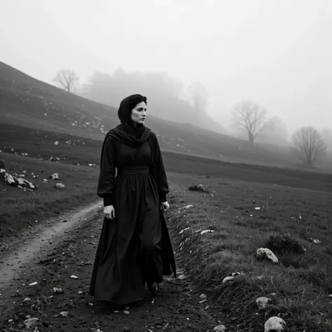 “A solitary woman walking barefoot on a sloped dirt path in a vast, misty countryside landscape, wearing a long dark flowing garment with a scarf gently wrapped around her head, her expression introspective and calm as she gazes to the side. The hills behi...