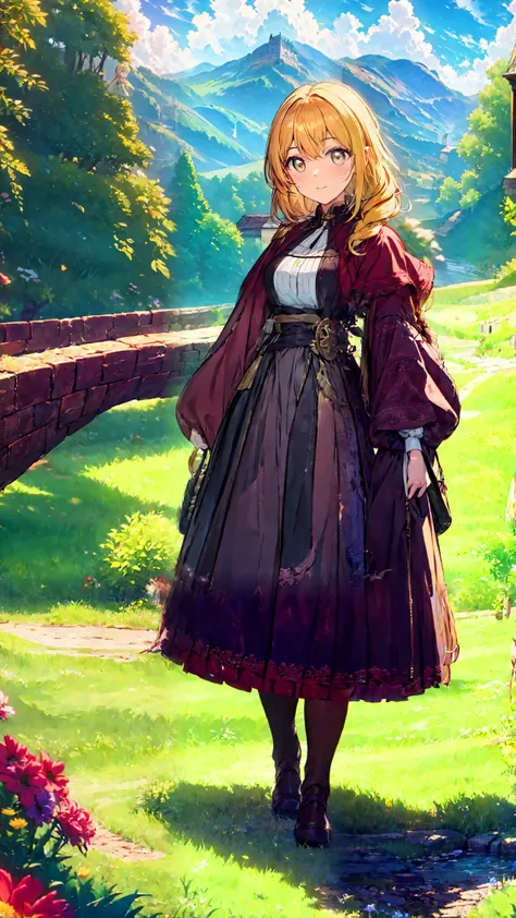 Beautiful girl with blond hair, tanned skin, copper-colored eyes, wearing a medieval outfit.