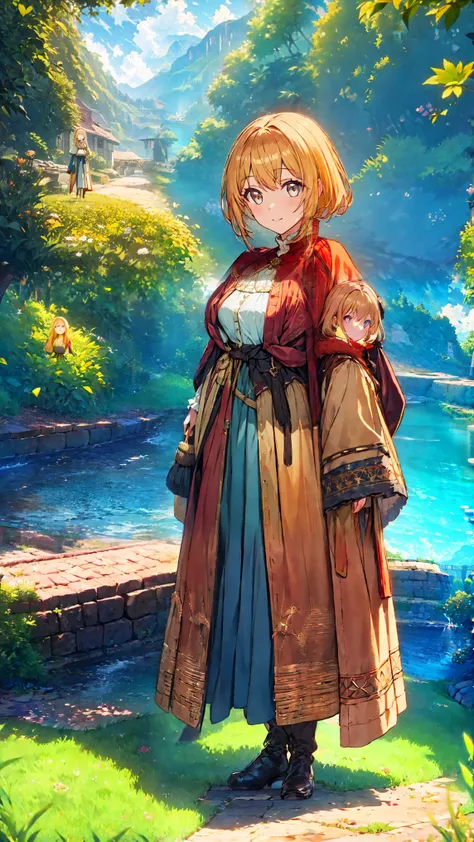 Beautiful girl with blond hair, tanned skin, copper-colored eyes, wearing a medieval outfit.
