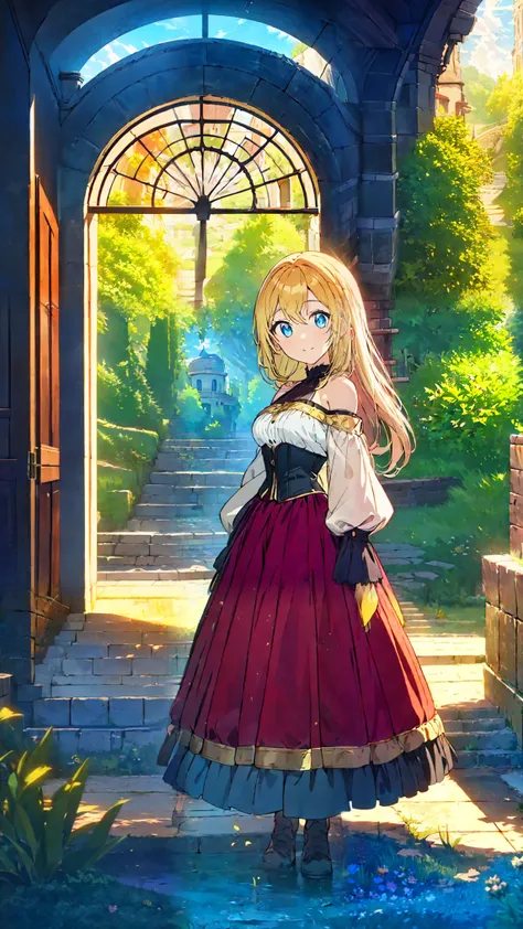 Anime illustration of a young woman with long blonde hair and blue eyes, wearing a fantasy-style outfit with a white off-the-shoulder top, a black and gold corset, red skirt, and large white sleeves with red and gold accents. She has black animal ears. The...