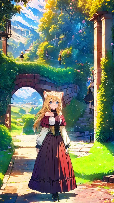 Anime illustration of a young woman with long blonde hair and blue eyes, wearing a fantasy-style outfit with a white off-the-shoulder top, a black and gold corset, red skirt, and large white sleeves with red and gold accents. She has black animal ears. The...