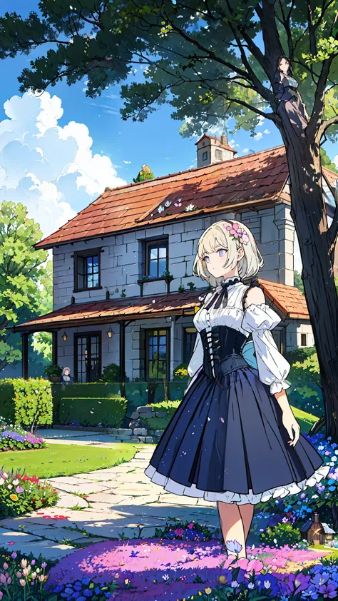 A young woman in a detailed, elegant fantasy dress walks along a sunlit garden path toward a cozy stone cottage with a red-tiled roof. Her outfit features a flowing purple skirt adorned with vibrant flowers and a fitted black corset over a white, ruffled b...