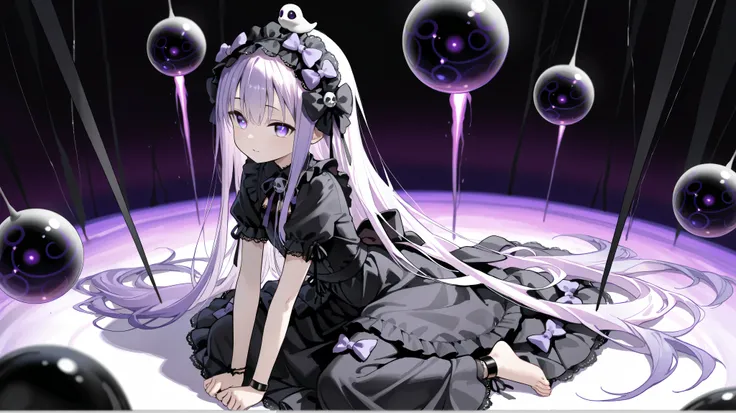 A young-looking anime girl with very long hair, straight and white . ((Her eyes are large and of a bright purple hue, which highlights her melancholic and innocent expression). (She wears a gothic maid dress in dark and white colors, with ruffles and deco...