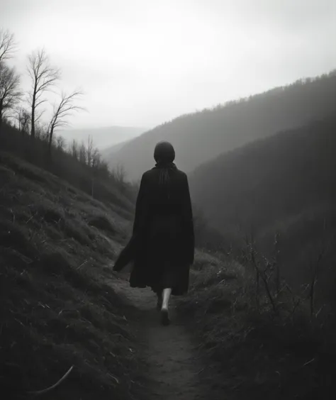 “Fine art cinematic photograph of a barefoot woman walking along a rugged hillside trail, wearing a dark, flowing outfit and a scarf gently draped over her head. Captured with a 35mm lens, the composition balances subject and landscape, emphasizing her sol...