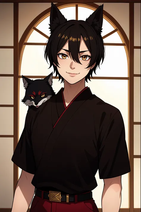 (high-quality, breathtaking),(expressive eyes, perfect face), symmetrical eyes, 1boy, male, solo, young adult, black hair , gold coloured eyes, gentle smile, short hair, loose hair, hair between eyes, japanese clothing, black shirt short sleeved with a red...