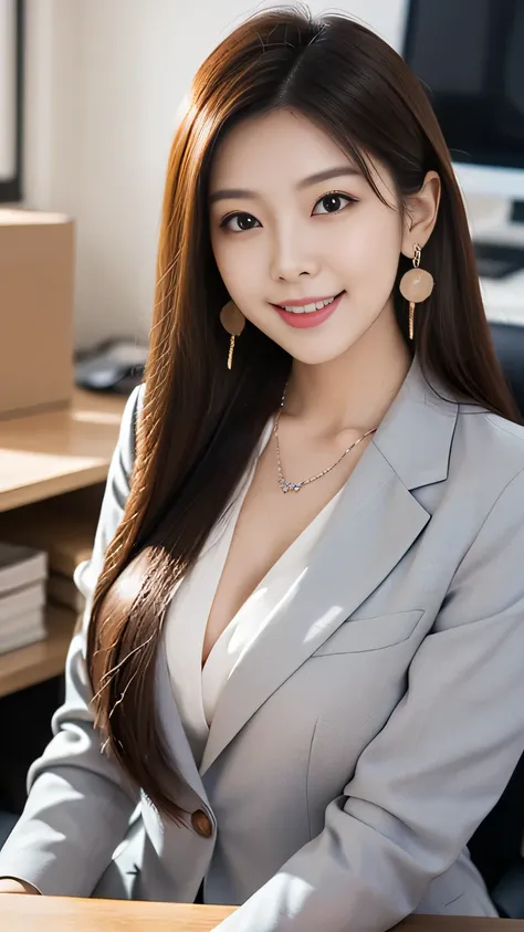 upper body photo anatomically correct 5 fingers beautiful Korean woman in front of the machine (((straight hair))) earrings thin necklace business suit At the office and look at the camera Cute charming smile while working at the desk