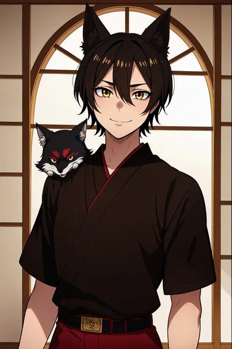 (high-quality, breathtaking),(expressive eyes, perfect face), symmetrical eyes, 1boy, male, solo, young adult, black hair , gold coloured eyes, gentle smile, short hair, loose hair, hair between eyes, japanese clothing, black shirt short sleeved with a red...
