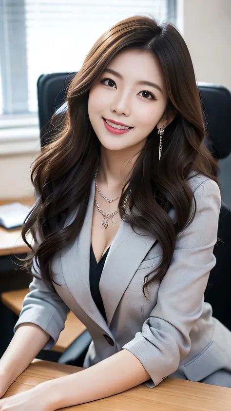 upper body photo anatomically correct 5 fingers beautiful Korean woman in front of the machine (((wavy hair))) earrings thin necklace business suit At the office and look at the camera Cute charming smile while working at the desk