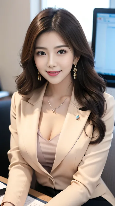 upper body photo anatomically correct 5 fingers beautiful Korean woman in front of the machine (((wavy hair))) earrings thin necklace business suit At the office and look at the camera Cute charming smile while working at the desk