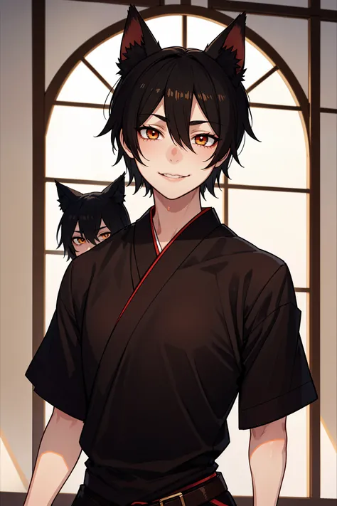 (high-quality, breathtaking),(expressive eyes, perfect face), symmetrical eyes, 1boy, male, solo, young adult, black hair , gold coloured eyes, gentle smile, short hair, loose hair, hair between eyes, japanese clothing, black shirt short sleeved with a red...