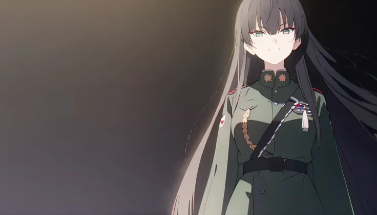 masterpiece, best quality, solo, 1girl, mature, black hair, long hair, marigold eye, short posture, medium breast, dark green japan military uniform, standing, looking at viewer, elegant, intimidating, elite aura, smiling, black background only