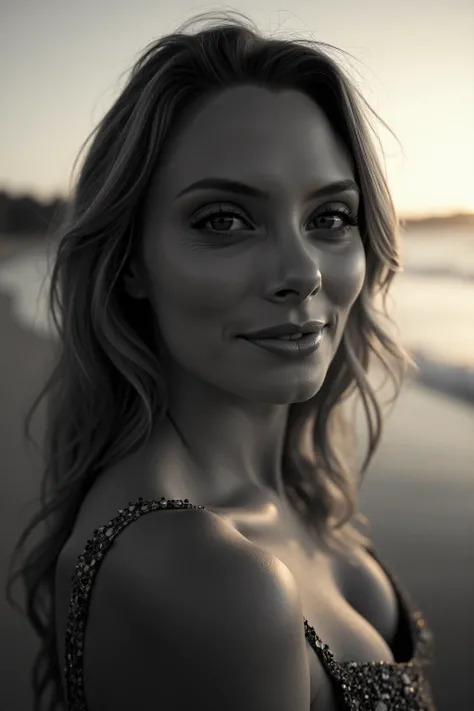 high quality, 8K Ultra HD, sunset coast should serve as the underlying backdrop, with its details incorporated into the goddess , crisp lines, looking at the camera. The background is monochrome, sharp focus,,awesome full color,