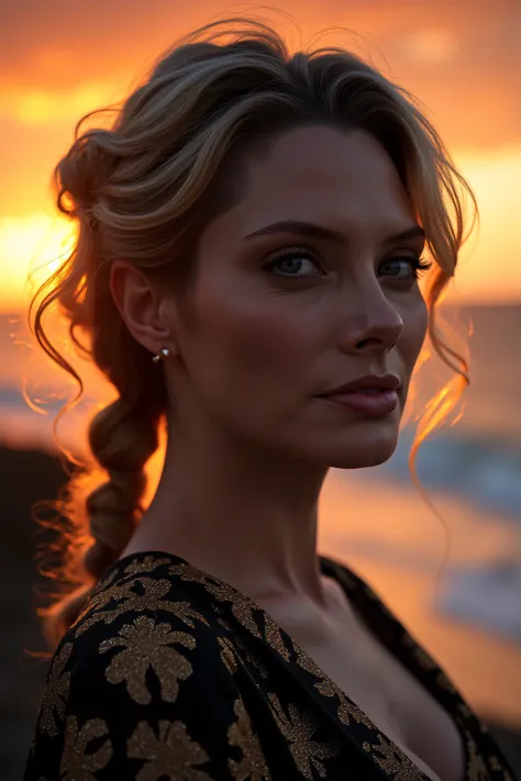 high quality, 8K Ultra HD, sunset coast should serve as the underlying backdrop, with its details incorporated into the goddess , crisp lines, looking at the camera. The background is monochrome, sharp focus,,awesome full color,