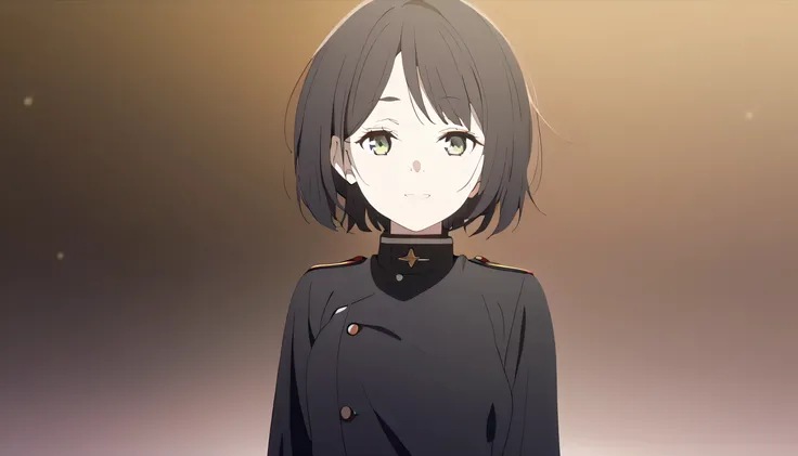 masterpiece, best quality, solo, 1girl, mature, black hair, short bob hair, marigold eye, small breast, dark green japan military uniform, standing, looking at viewer, confident, relaxed, calm, carefree, relaxed aura, warm smile, black background only