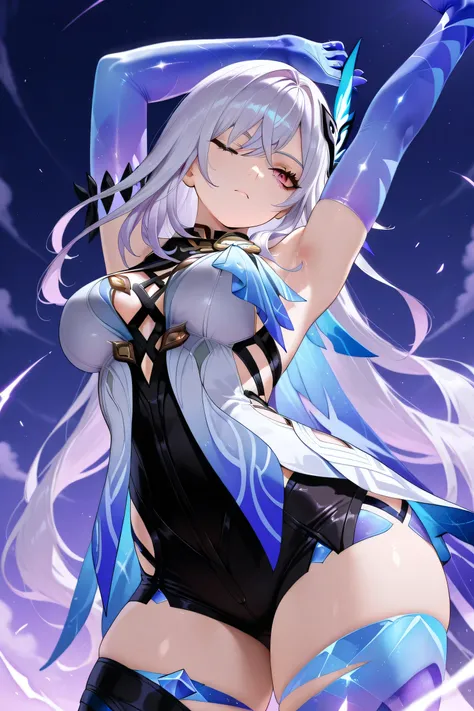 skirk genshin impact, head tilt, one eye closed, looking confident, arms up, stretching, view from below
