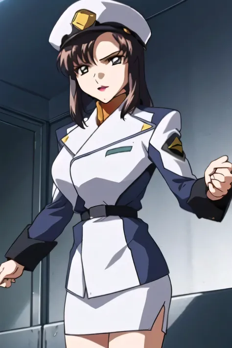 gun,don't trim her face,I'm wearing a skirt,Night Sky,dark background,Ruins with rubble ,serious eyes, Gunfight,Can you draw a woman standing alone with a gun? ,animated CG,Scenery of rubble and ruins. 、dark background,, accurately depicting hands and fee...