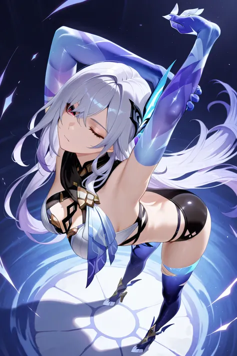 skirk genshin impact, head tilt, one eye closed, half closed mouth, looking confident, arms up, stretching, view from above, view from back, bent over, long legs, dynamic pose, dynamic angle, masterpiece