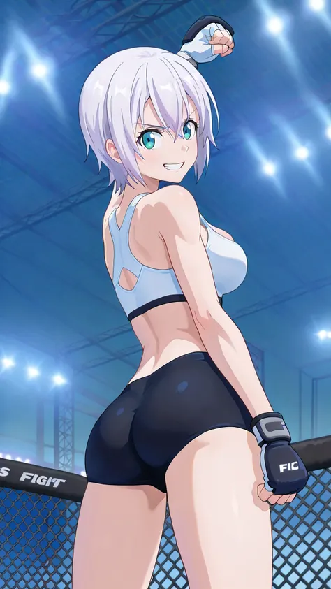 lisanna strauss, short hair, blue eyes, hair between eyes, white hair,, solo, white sports bra, black sports very short spats, white fingerless gloves, thigh, cleavage, slim long legs, medium breast, serious grin, looking at viewer, Detailed eyes, Detailed...