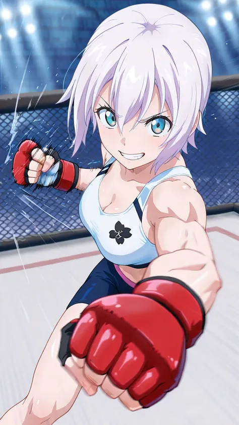 lisanna strauss, short hair, blue eyes, hair between eyes, white hair,, solo, Detailed eyes, white sports bra, black sports very short spats, white fingerless gloves, thigh, cleavage, slim long legs, medium breast, serious grin, looking at viewer, Detailed...
