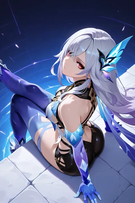 skirk genshin impact, head tilt, half closed mouth, looking confident, cross arms, sitting, view from above, view from back, long legs, cross legs, dynamic pose, dynamic angle, masterpiece