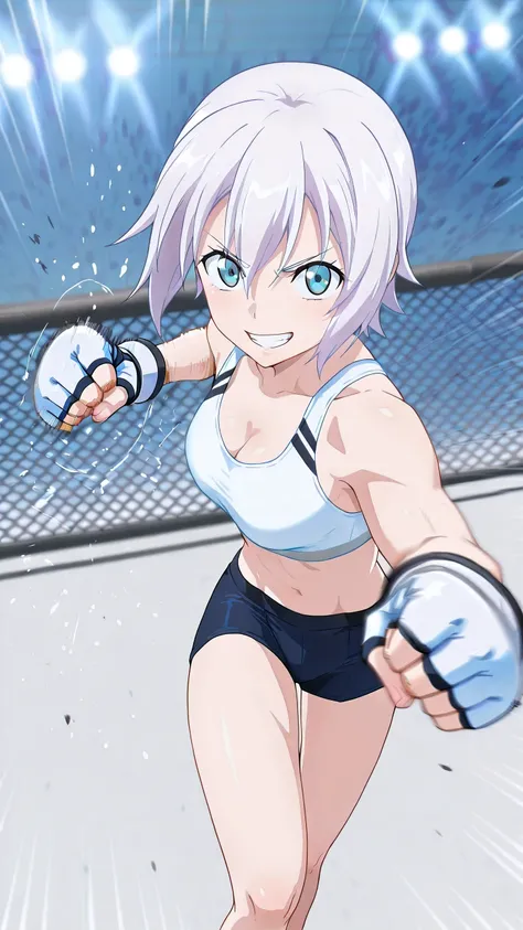 lisanna strauss, short hair, blue eyes, hair between eyes, white hair,, solo, Detailed eyes, white sports bra, black sports very short spats, white fingerless gloves, thigh, cleavage, slim long legs, medium breast, serious grin, looking at viewer, Detailed...