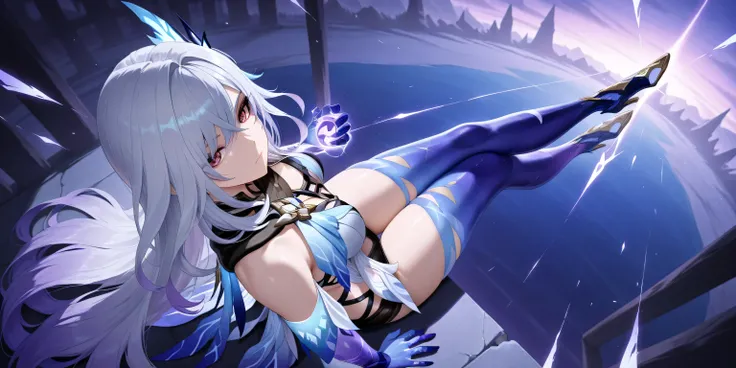 skirk genshin impact, head tilt, half closed mouth, looking confident, arms doing some action, sitting, view from above, view from back, long legs, cross legs, dynamic pose, dynamic angle, masterpiece