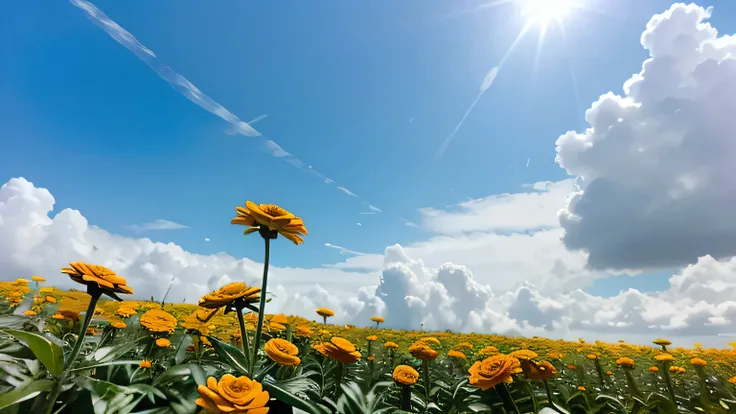 lukisan bunga marigold, di rerumputan, detail, full frame, flower only, no human or character, vast blue sky