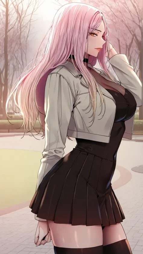 looking at viewer, seductive face,soft light, high detailed, best quality, standing, cowboy shot, from side,kim ran, pink hair, long hair, blonde hair, gradient hair, yellow eyes, parted white jacket, turtleneck, cropped jacket, black choker, black dress, ...
