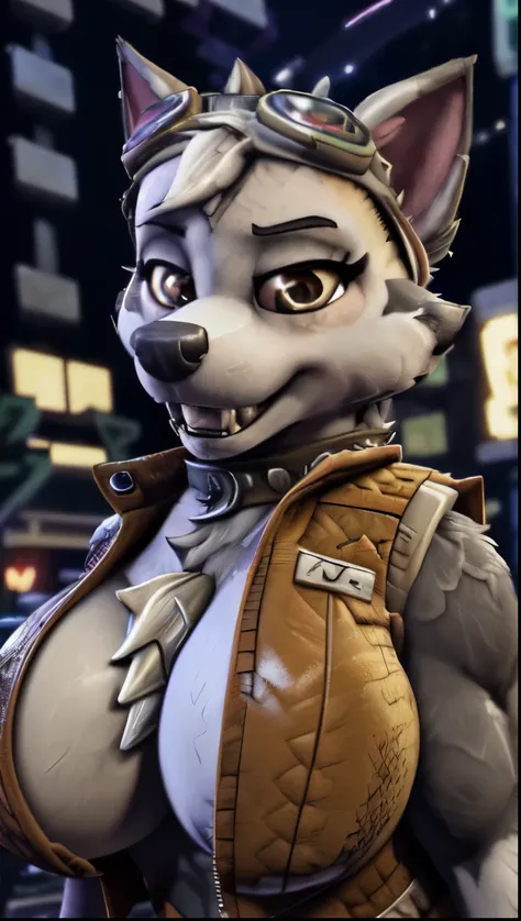 Gasket, ((Paw Patrol)), ((female solo)), domestic dog, female, adult female, brown eyes, (((gray fur)), ((gray body)), (wearing long goggles over head:1.45), (wearing spike collar:1.25), (wearing spike wristband:1.25) (wearing brown leather open vest:1.45)...