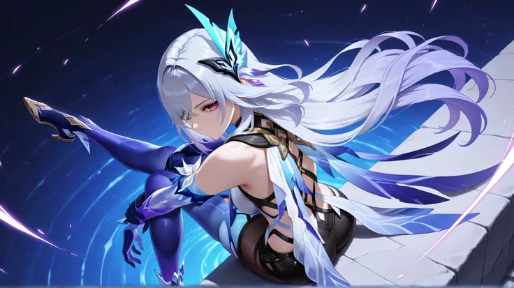 skirk genshin impact, half closed mouth, looking confident, arms on legs, sitting, view from above, view from back, long legs, cross legs, dynamic pose, dynamic angle, masterpiece