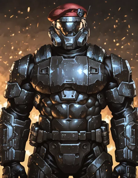 I am a master sergant in ODST, height 6.3ft, muscular body, toned abs, huge pecs, my right arm was lost in replaced with steel prosthetics.I Wear a battered black ODST armor but instead of a helmet, there is a red beret and a mask with a respirator in the ...