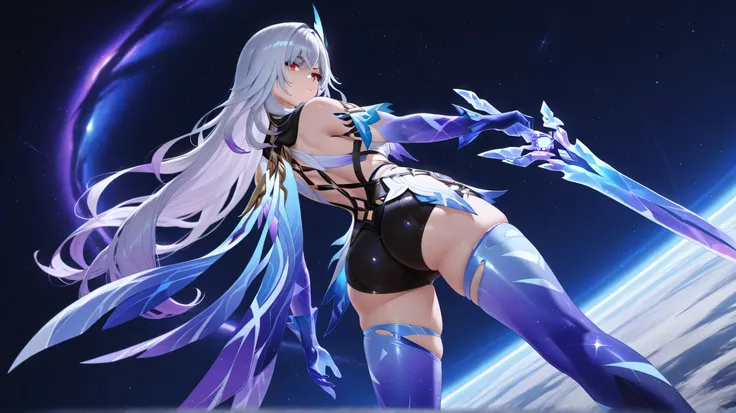 skirk genshin impact, half closed mouth, looking confident, view from back, looking from back, showing back, dynamic pose, legs apart, dynamic angle, masterpiece, space background, sword on hand