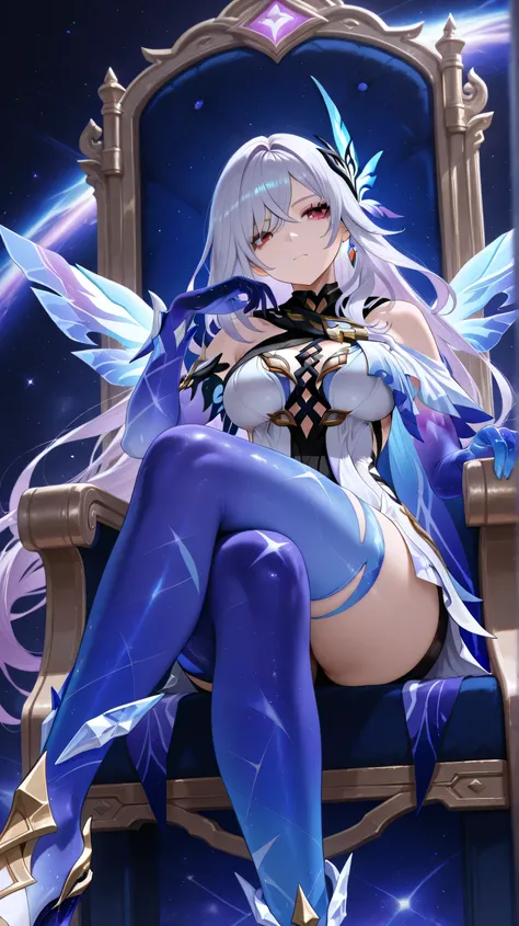 skirk genshin impact, half closed mouth, looking confident, view from middle, sitting on a throne, head tilt, showing legs crossed, dynamic pose, dynamic angle, masterpiece, space background, 